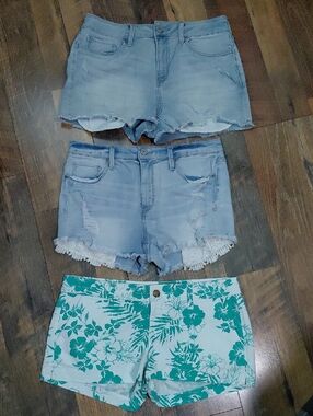 Mudd Light Blue Distressed Denim & Green Floral Cotton Shorts Trio Bundle